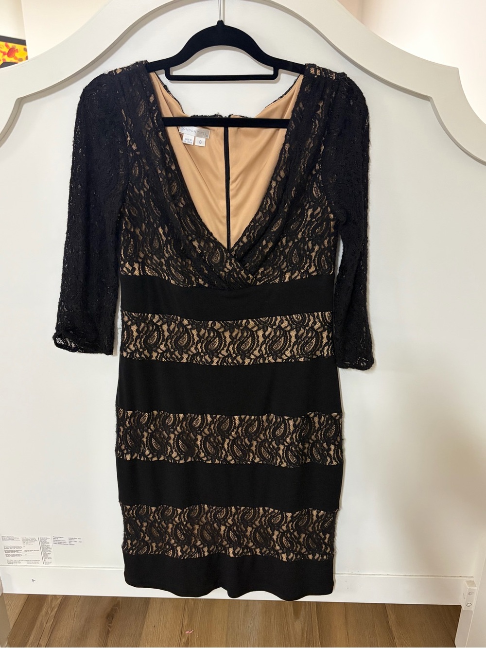 London Times Black Lace Dress with Nude Lining
